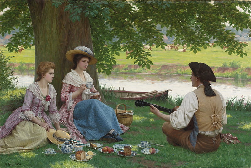A Picnic Party, lunch, tree, people, Leighton, party, nature, picnic, pretty, art, painting, HD wallpaper