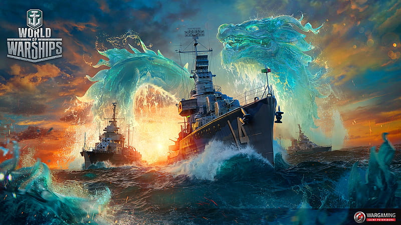 World of Warship, wargaming, water, ship, wargamung, dragon, sea, saint petersburg, blue, HD wallpaper