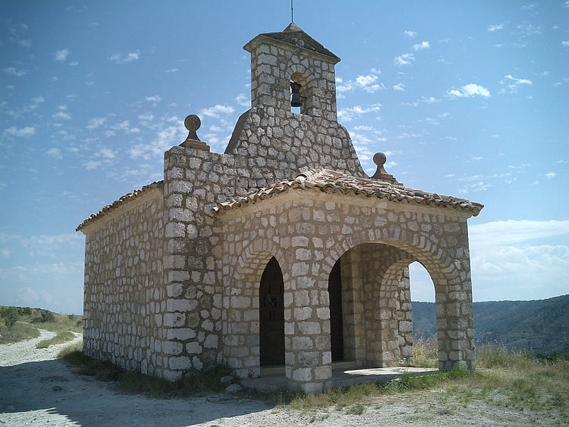 Chapel overlooking Pastrana, white chapel, height, stones, blue sky, entrance, HD wallpaper