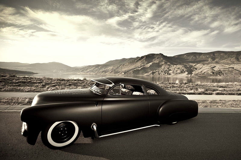 Black Hot Rod, carros, hot rod, mountains, black and white, HD wallpaper