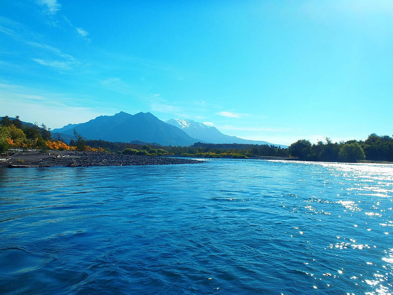 Rio Petrohue, Chile, mountain, hills, cool, nature, vast, lake, blue, HD wallpaper