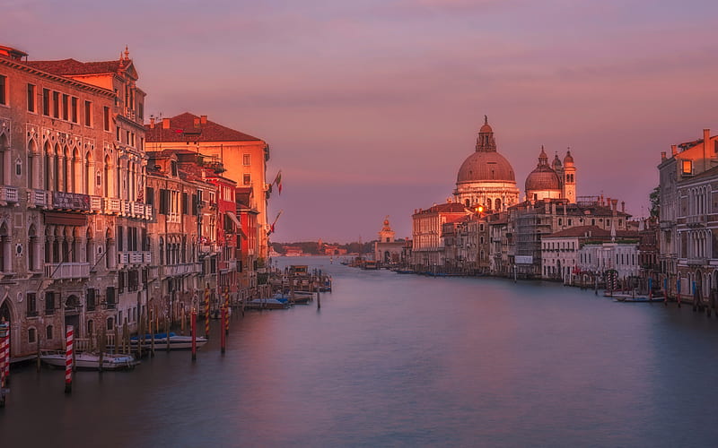 Venice, Santa Maria della Salute, cathedral, evening, sunset, boat, Italy, HD wallpaper