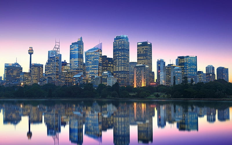 Australia, Sydney, reflection, skyline, skyscrapers, evening city, HD wallpaper