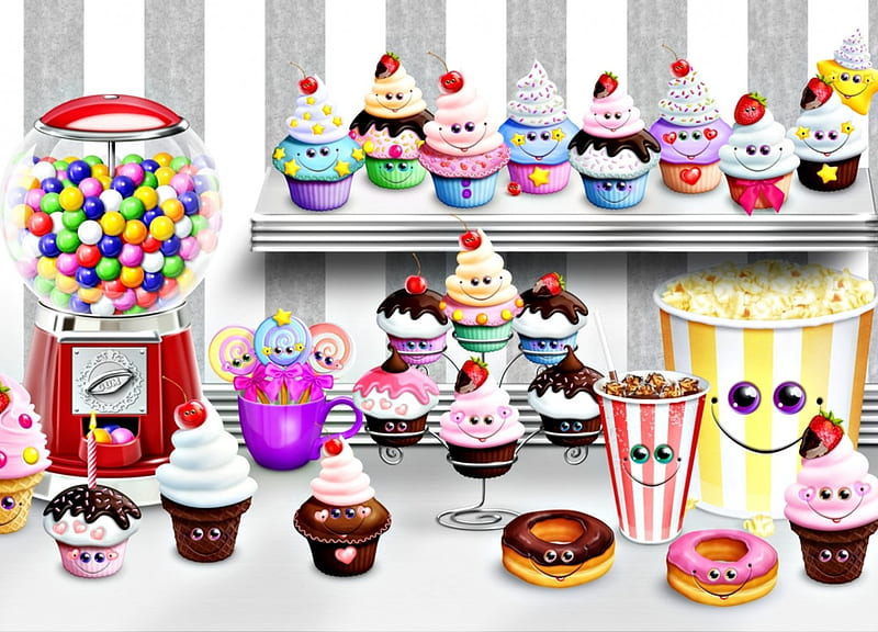 Sweets, cake, candy, lollipop, food, sweet, dessert, cupcake, donut, fantasy, komodoempire, kawaii confectionery, HD wallpaper