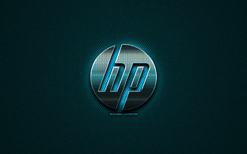 Hewlett-Packard, HP glitter logo, creative, blue metal background, HP logo, brands, HP, HD wallpaper