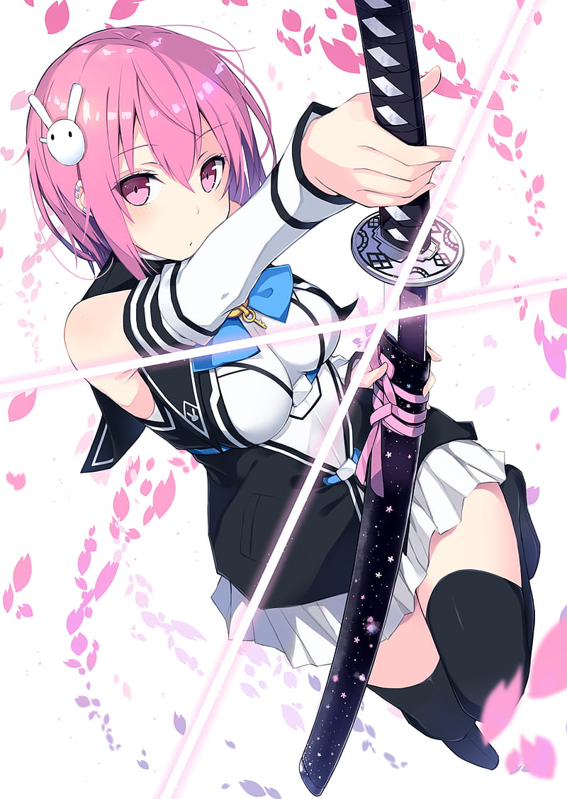 Anime girls, anime, pink hair, katana, sword, pink eyes, simple ...