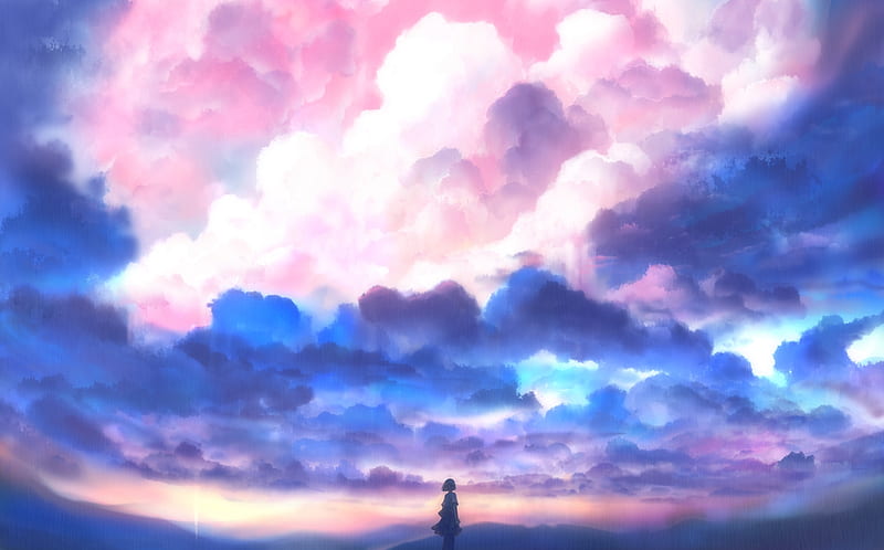 :-), bou nin, cloud, girl, anime, manga, sky, pink, blue, HD wallpaper