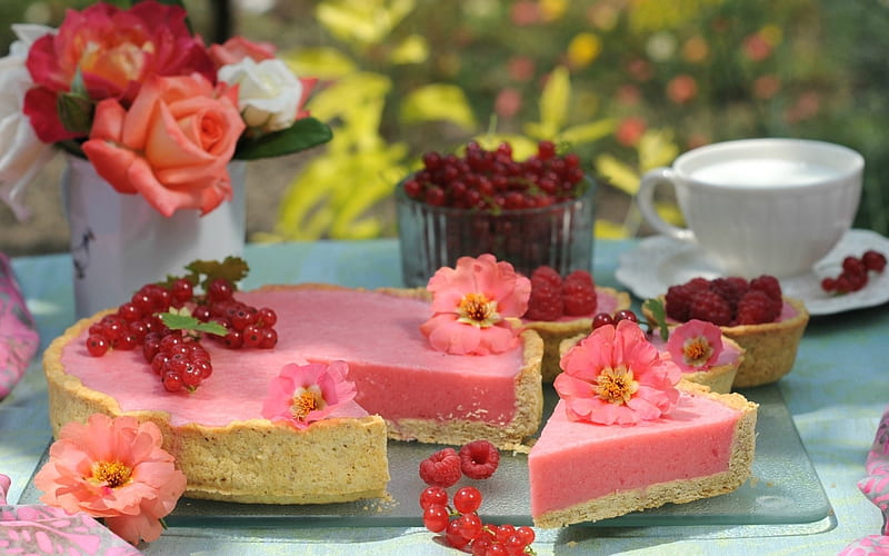 Cheesecake, rose, food, dessert, sweet, fruit, berry, cup, flower, summer, pink, HD wallpaper