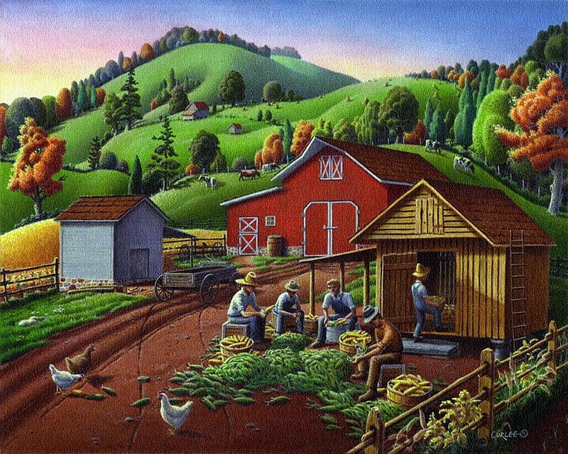 Walt Curlee - Shucking And Storing Corn In The Corn Crib, farm, hen, art, walt curlee, painting, hill, HD wallpaper