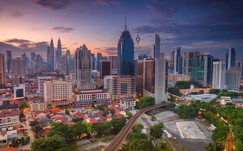 Kuala Lumpur, evening, sunset, skyscrapers, metropolis, modern buildings, cityscape, Malaysia, HD wallpaper