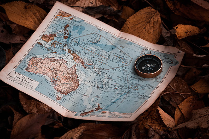 map, compass, leaves, autumn, travel, HD wallpaper