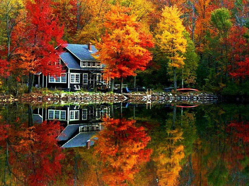 Cottage at Lake, fall, autumn, leaves, water, colors, reflection, trees, HD wallpaper Cottage at Lake, fall, autumn, leaves, water, colors, reflection, trees, HD wallpaper