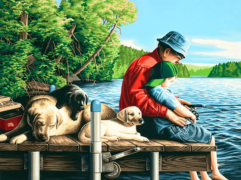 Memories, shore, bonito, kid, nice, puppies, dock, painting, story, river, child, reflection, friends, fishing, grandfather, art, forest, lovely, pier, trees, lake, nostalgia, boy, remember, grandson, summer, nature, coast, dogs, HD wallpaper