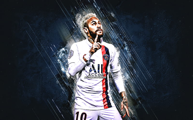 Neymar Jr, PSG, portrait, Paris Saint-Germain, white uniform PSG 2020, blue stone background, Ligue 1, France, Champions League, Neymar, HD wallpaper
