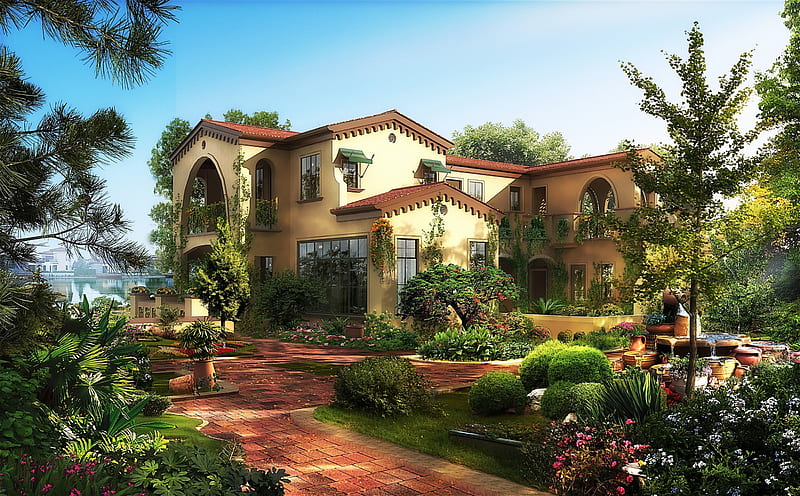 Villa, housing, modern, fantasy, house, mansion, HD wallpaper