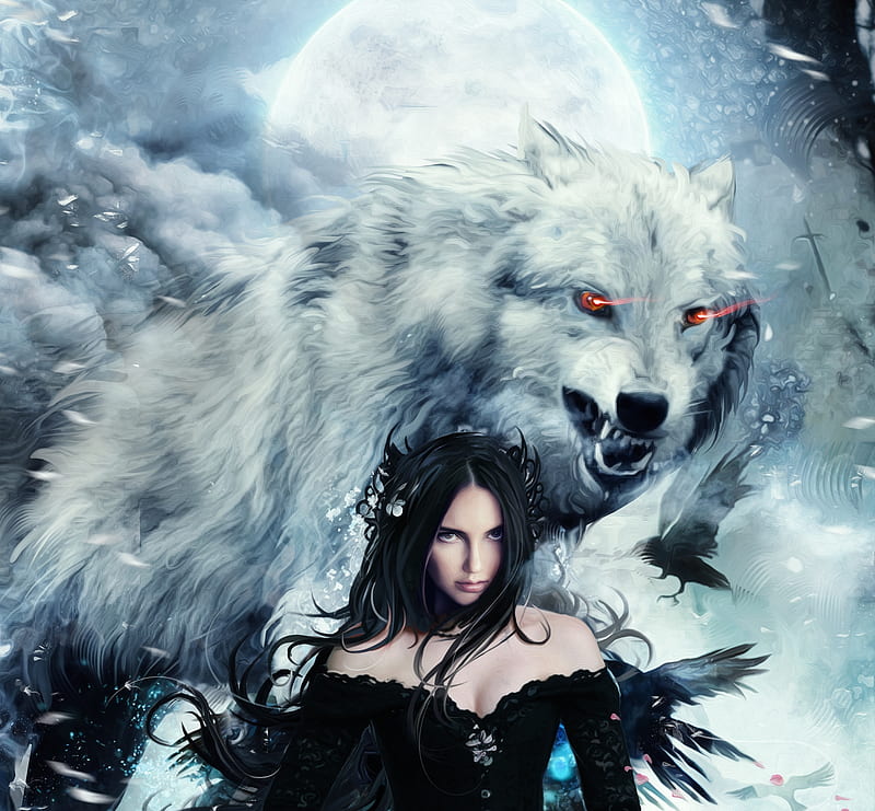 moon, yayashin, fantasy, moon, girl, wolf, white, blue, HD wallpaper ...