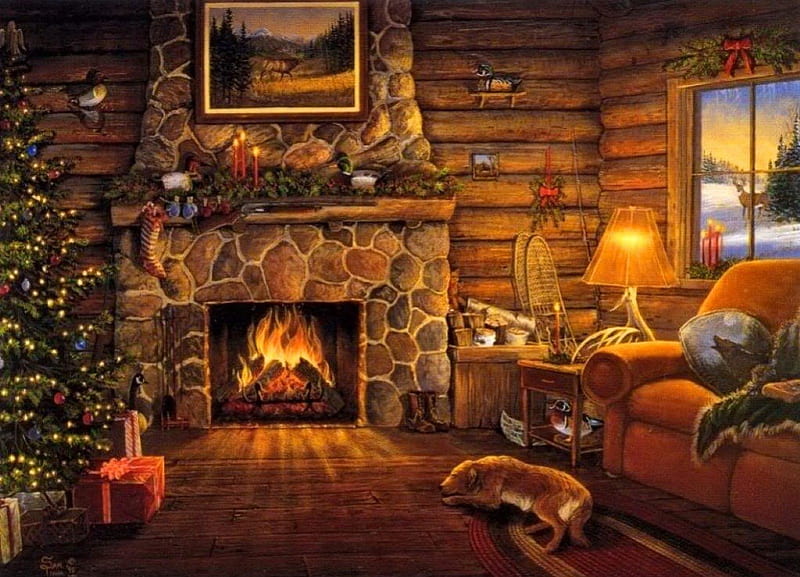 Cozy christmas home, cozy, window, christmas, holiday, decoration, home, new year, santa claus fireplace, tree, warmth, painting, wooden, gifts, light, HD wallpaper