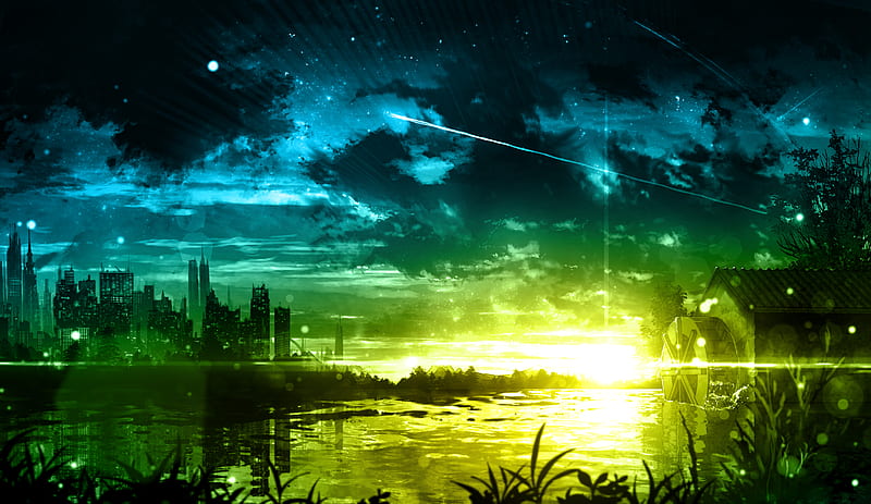 Anime, Original, Lake, Night, Sunset, HD wallpaper