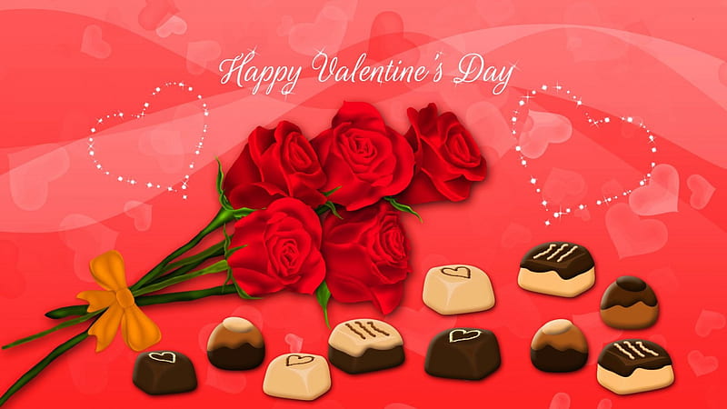 Happy Valentine's day, chocolate, flowers, blossoms, roses, artwork, HD wallpaper