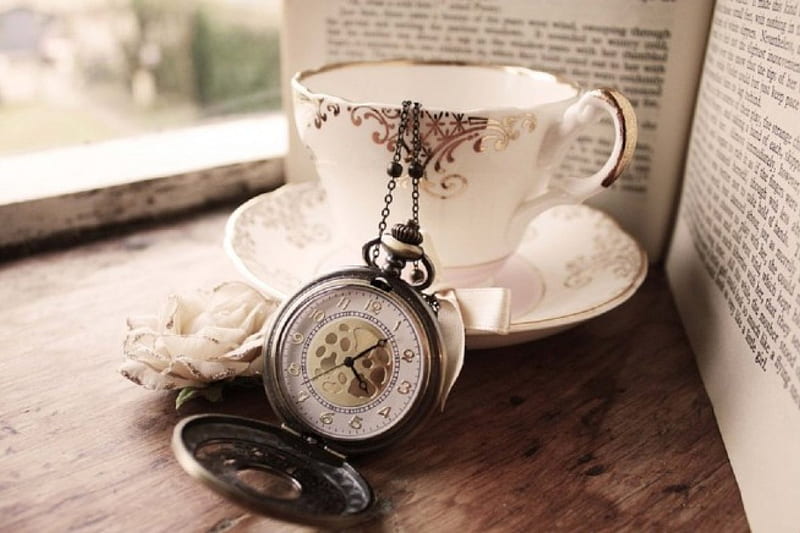 Time for Tea, still life, old clock, hraphy, abstract, teacup, HD wallpaper