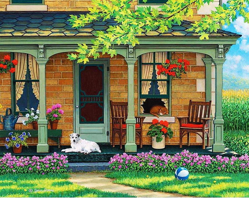 Grandma's Veranda, table, house, door, tree, painting, flowers, path, garden, chair, dog, HD wallpaper