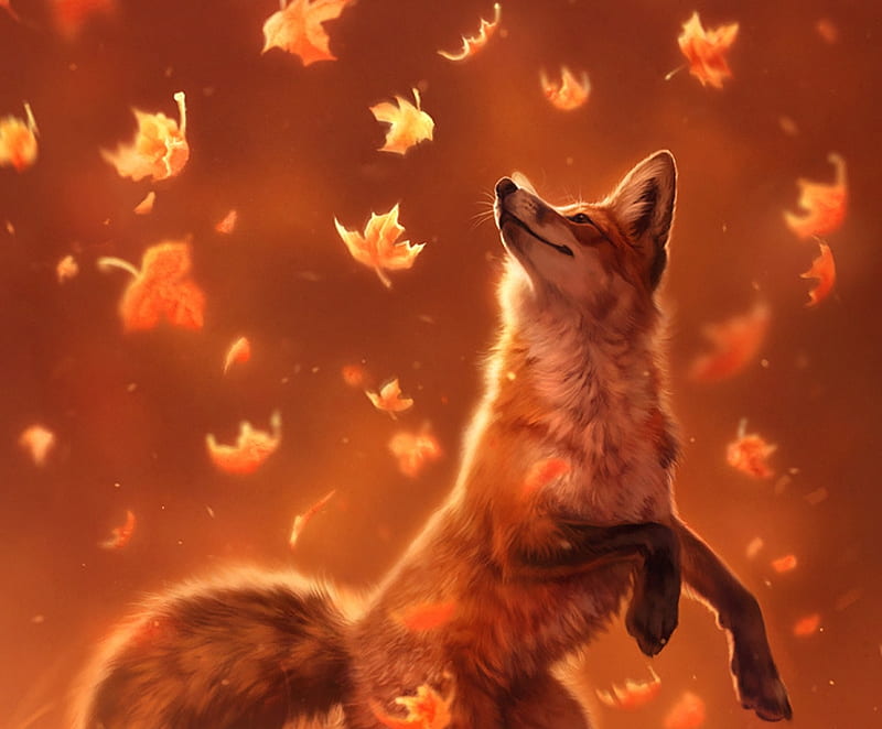 Jump into the Fall, autumn, fantasy, johanna tarkela, vulpe, orange, fox, toamna, leaf, luminos, HD wallpaper