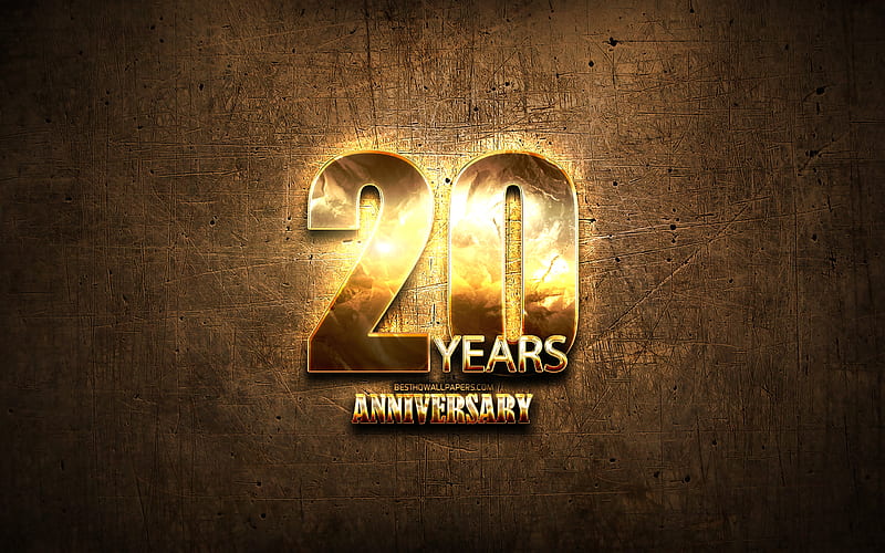 20 Years Anniversary, golden signs, anniversary concepts, brown metal background, 20th anniversary, creative, Golden 20th anniversary sign, HD wallpaper
