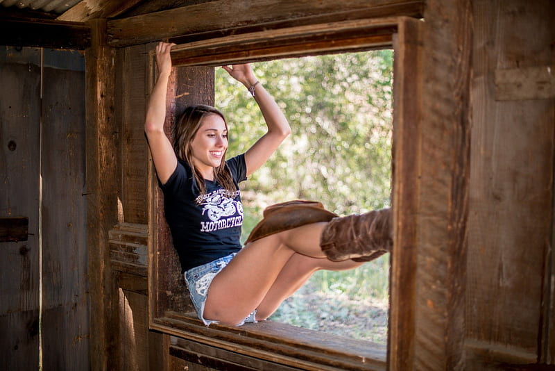 Cowgirl In A Window, female, models, hats, window, boots, ranch, fun ...