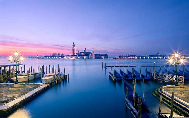 San Giorgio Maggiore, pier, gondolas, Venice, Italy, HD wallpaper