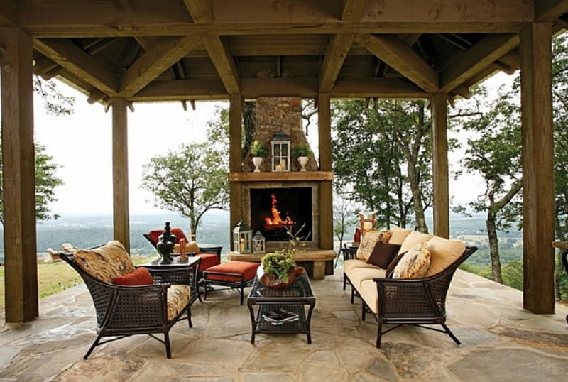 wooden canopy, canopy, fireplace, house, garden, architectute, HD wallpaper