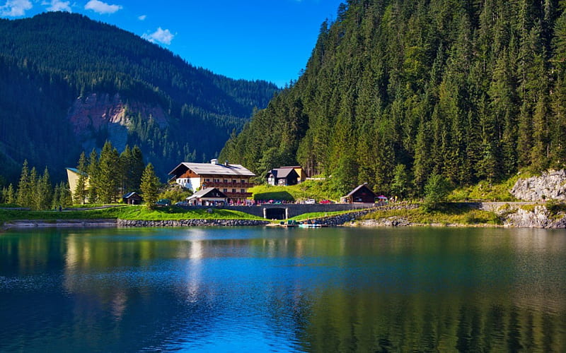 Alpen Lake Scenery, Alpes, Alps, house, houses, greenery, Alpen, trees, lake, mountains, nature, HD wallpaper