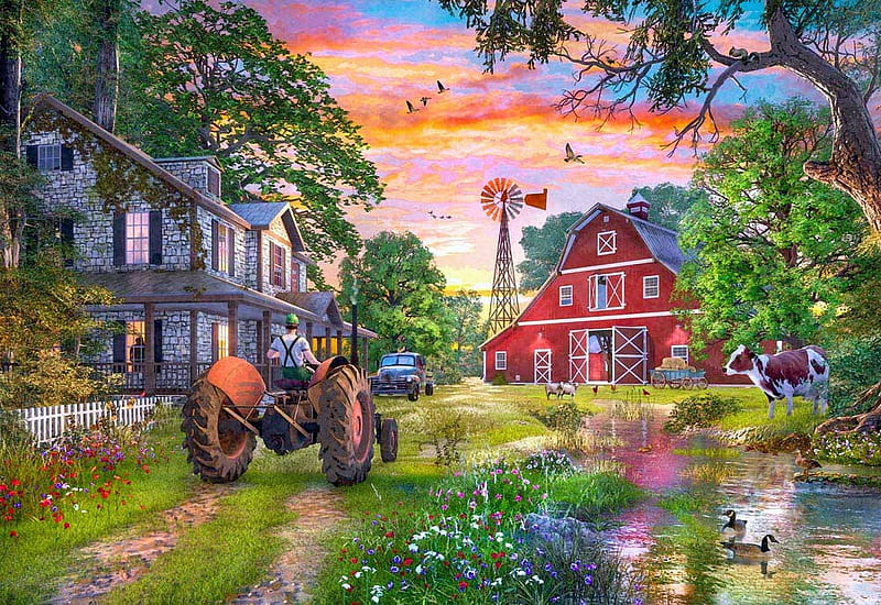 Working Farm, ducks, trees, barn, house, tractor, cow, sunset, treessky, artwork, pond, car, digital, HD wallpaper
