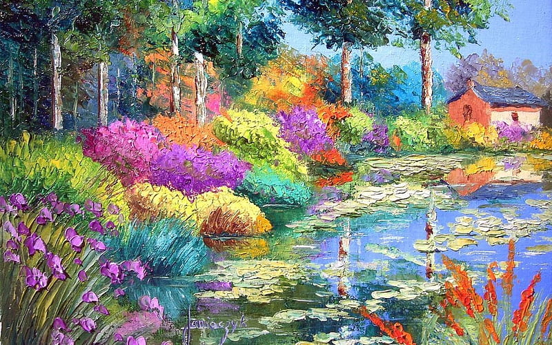 french impressionist painter, flowers pond, jean-marc janiaczyk, flower pond, HD wallpaper