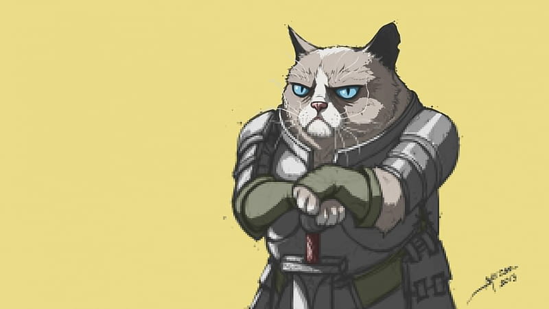Lord Grumpy, grumpy cat, cat, abstract, animal, armor, SkyPhoenixX1, kitten, sword, knight, HD wallpaper