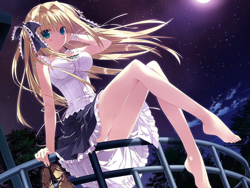 Seira Nanamori, moon, wind, anime, hoshizora e kakaru hashi, anime girl, white, night, HD wallpaper