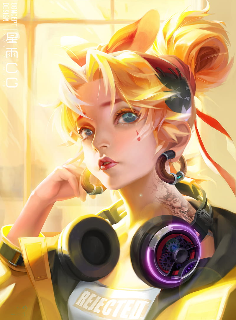 ArtStation, artwork, anime, anime girls, yellow hair, aqua eyes, looking up, headphones, HD phone wallpaper