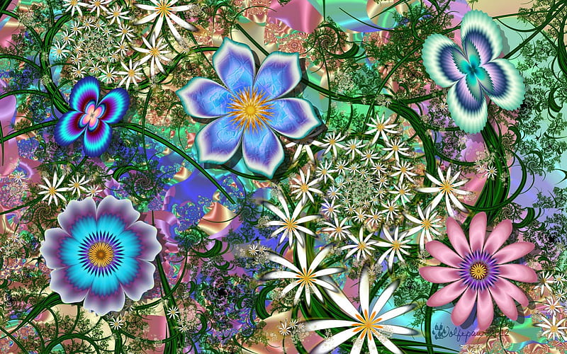 **Springtime in the Garden**, pretty, colorful, glow, wonderful, bloom, digital art, incredible, leaves, blossom, butterfly, bright, flowers, fractal art, beauty, pollen, light, florals, amazing, wings, lovely, colors, fabulous, butterflies, spring, buds, leaf, cute, cool, raw fractals, summer, garden, petals, HD wallpaper