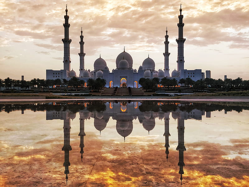 white and gray mosque in front of body of water, HD wallpaper