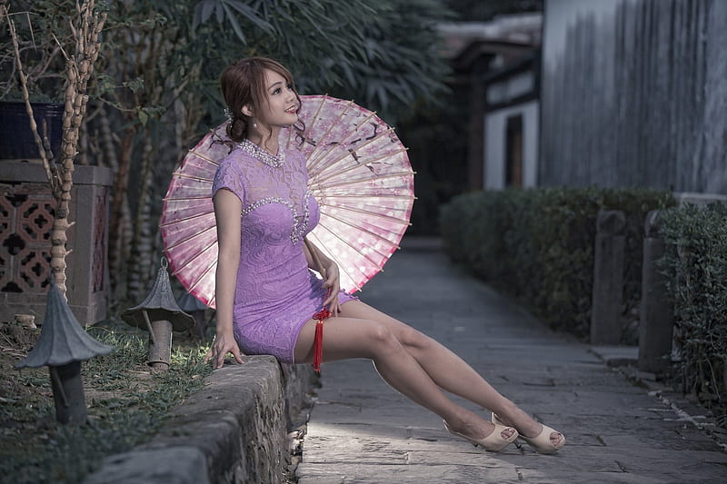 umbrella, sidewalk, asian, women, girl, model, HD wallpaper