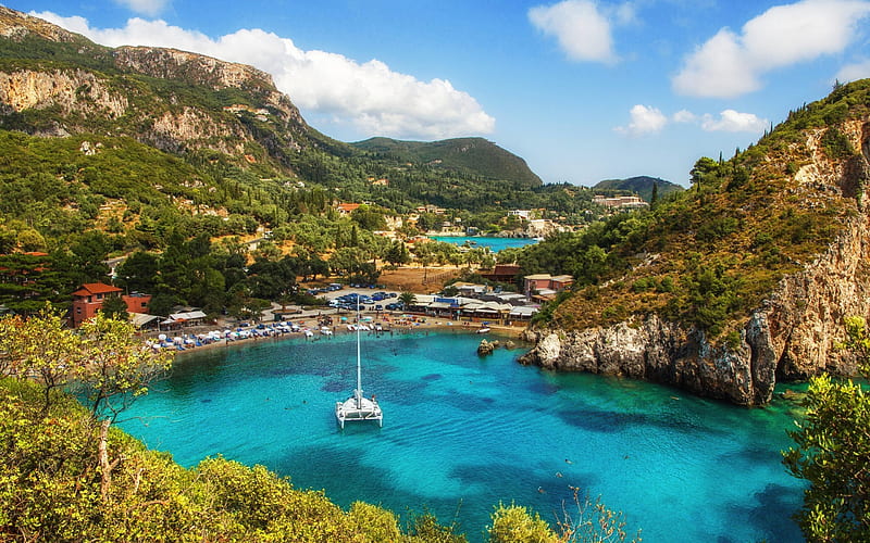 white yacht, bay, beach, cliffs, coast, sea, Paleokastritsa, Corfu, Greece Greek island Sredrizemnoe Sea, Ionian Islands, HD wallpaper