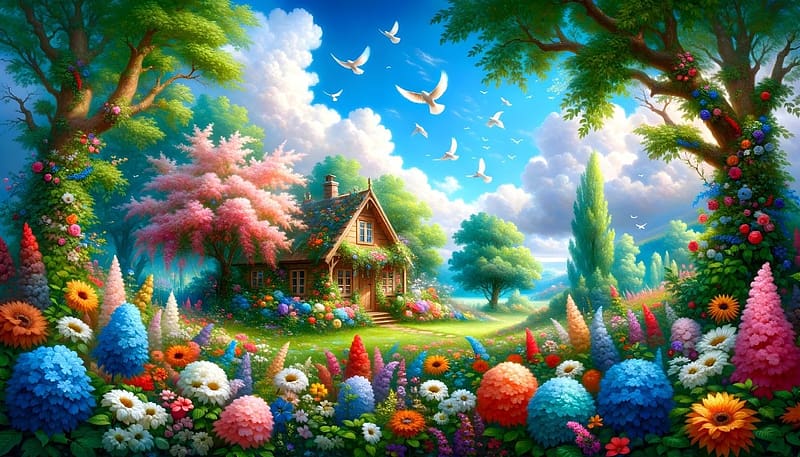 Cozy wooden cottage nestled in a vibrant meadow, diverse array of colorful blooming flowers, ret, feher madarak, sokszinu, viragzo viragok, felhok, elenk szinek, kek egbolt, repulnek, fahaz, bekes taj, HD wallpaper