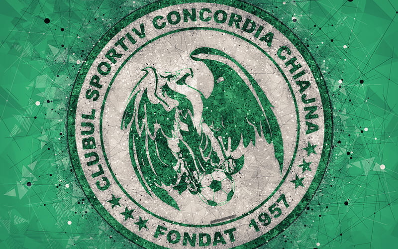 CS Concordia Chiajna logo, geometric art, green background, Romanian football club, emblem, Liga 1, Kyazna, Romania, football, art, FC Concordia, HD wallpaper