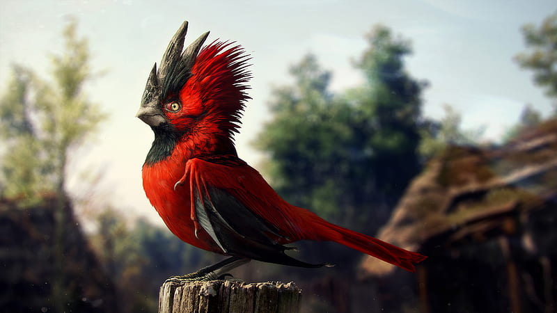Red Black Bird Is Standing On Tree Trunk In Blur Green Trees Background Animals, HD wallpaper