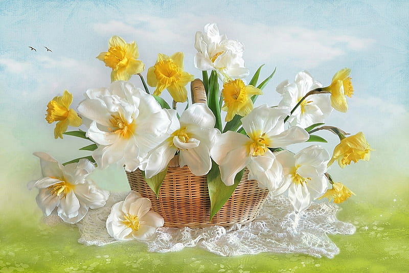 Spring Flowers, doily, basket, daffodils, birds, flowers, Spring, clouds, sky, HD wallpaper