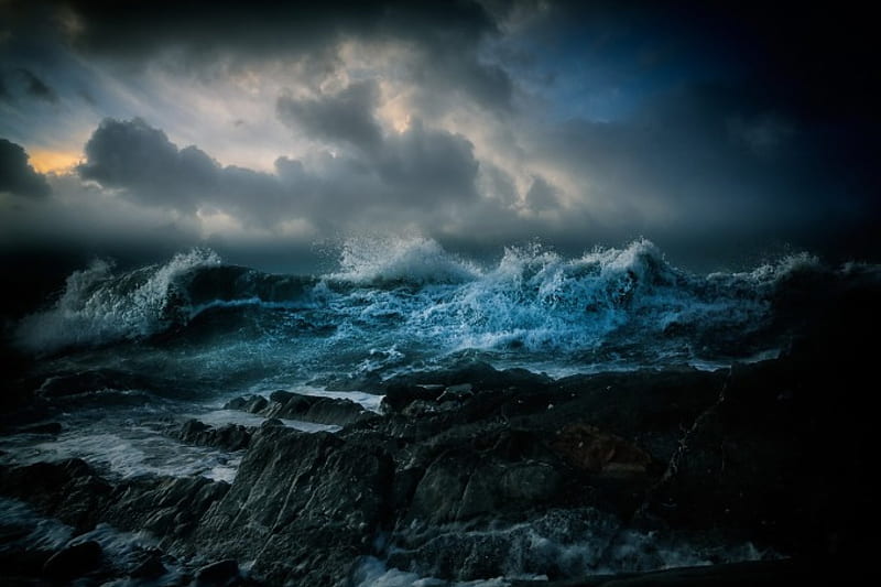 Storm, ocean, nature, clouds, ocean waves, sky, stormy, sea, HD wallpaper