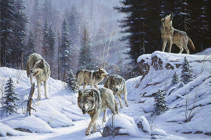 Llamada final, bosque, nieve, manada de lobos, pintura, árboles, lobos,  obra de arte, Fondo de pantalla HD | Peakpx