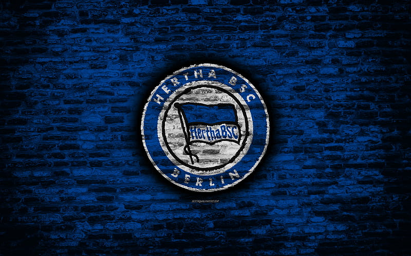 Hertha FC, logo, blue brick wall, Bundesliga, German football club, Hertha BSC, soccer, football, brick texture, Berlin, Germany, HD wallpaper