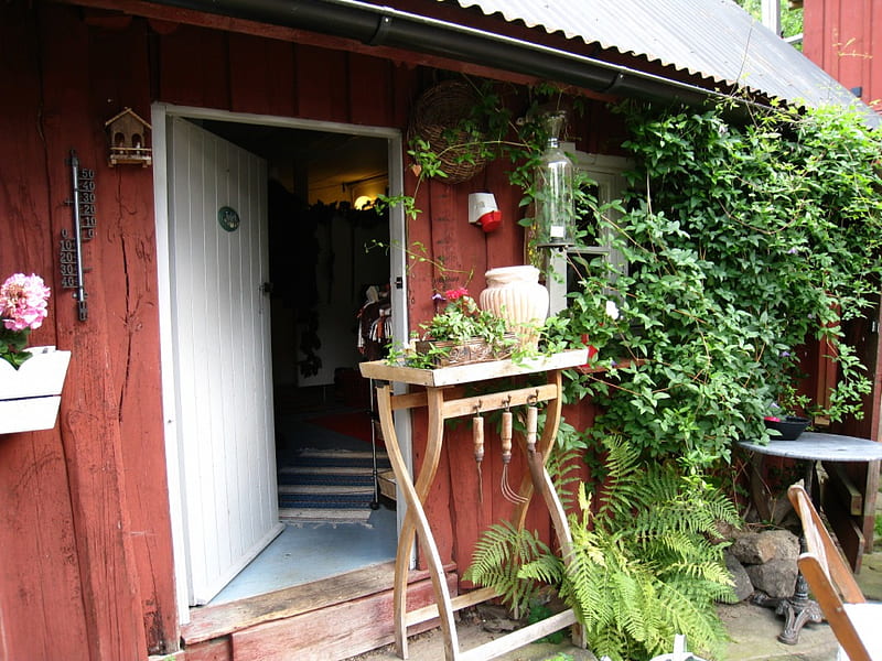 Summer, table, roof, house, colors, pot, door, plants, flowers, garden -tools, HD wallpaper