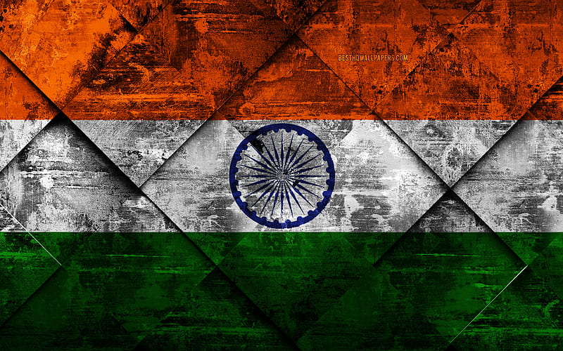 Flag of India grunge art, rhombus grunge texture, Indian flag, Asia, national symbols, India, creative art, HD wallpaper
