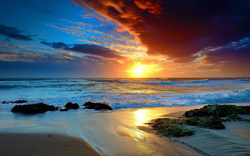 Mesmerizing Beach Sunset, beach, rocks, nature, sunset, reflection, clouds,  sky, HD wallpaper | Peakpx